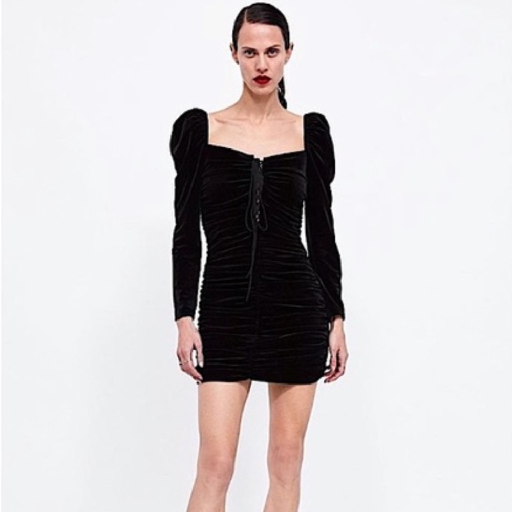 ZARA Woman Velvet Ruched Laceup Dress Sz Small